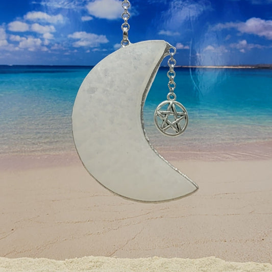 Hanging Selenite Moon with Pentagram Charm