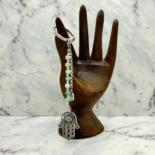 Aquamarine Hamsa Crystal Charm Keyring