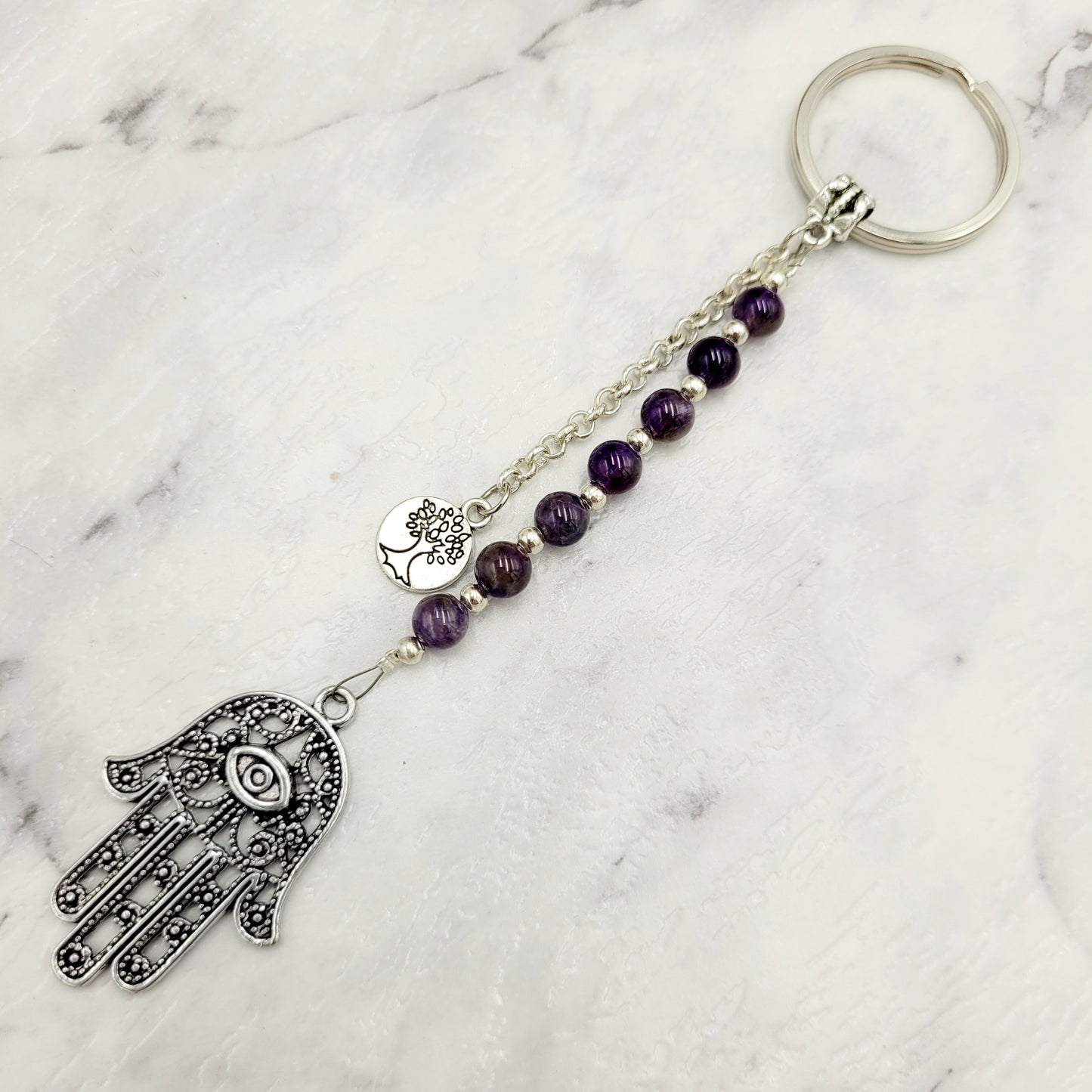 Amethyst Hamsa Crystal Charm Keyring