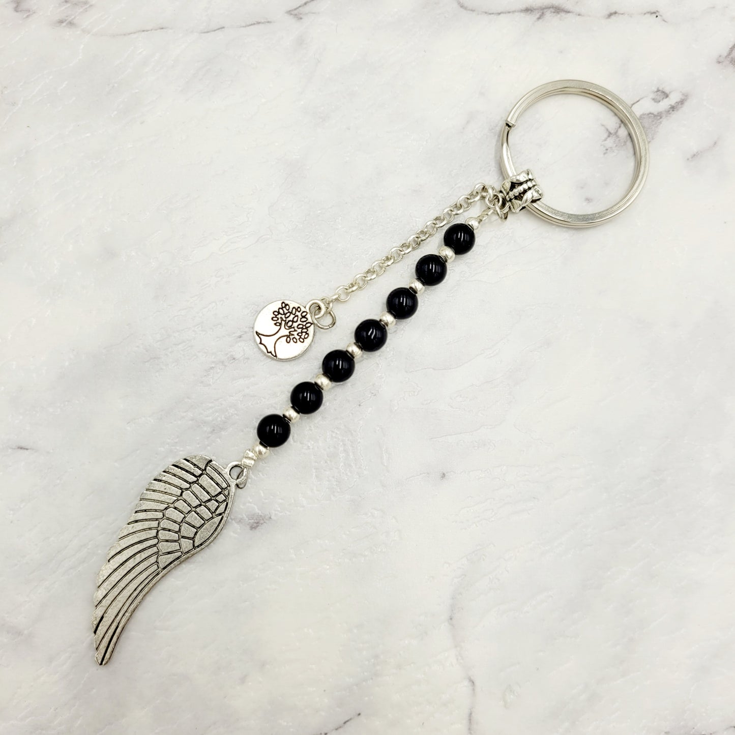 Obsidian Angel Wing Crystal Charm Keyring