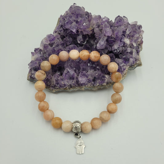 Bracelet Peach Moon stone 8mm Hamsa