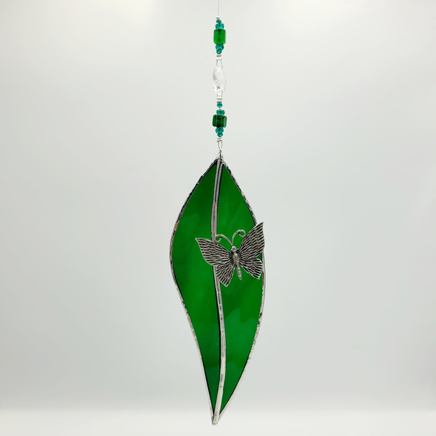 Hanging Stained Glass Small Leaf Dark Green / Butterfly