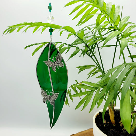 Hanging Stained Glass Large Leaf Dark green / Butterfly