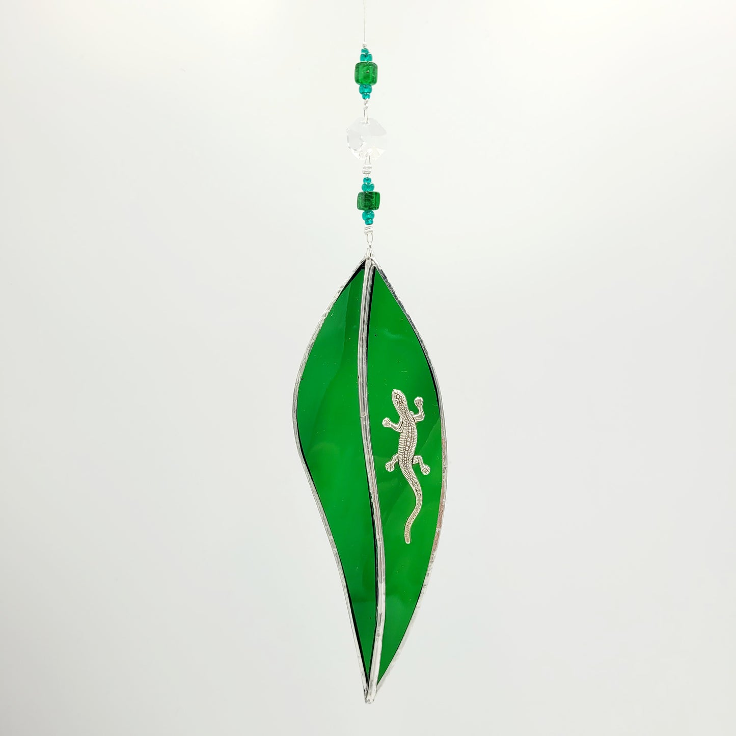 Hanging Stained Glass Small Leaf Dark Green / Lizard