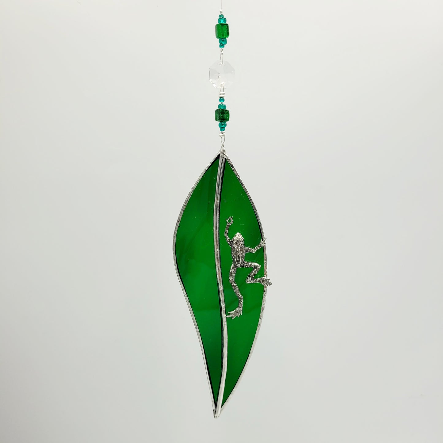 Hanging Stained Glass Small Leaf Dark Green / Frog