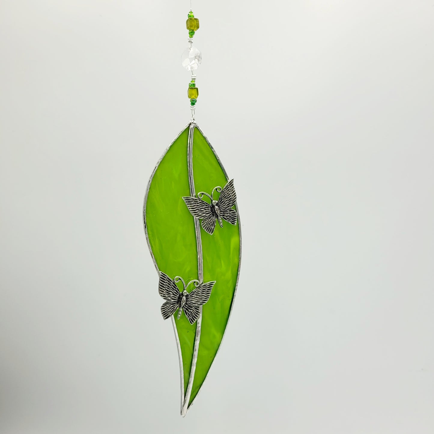 Hanging Stained Glass Large Leaf Light Green/ Butterfly