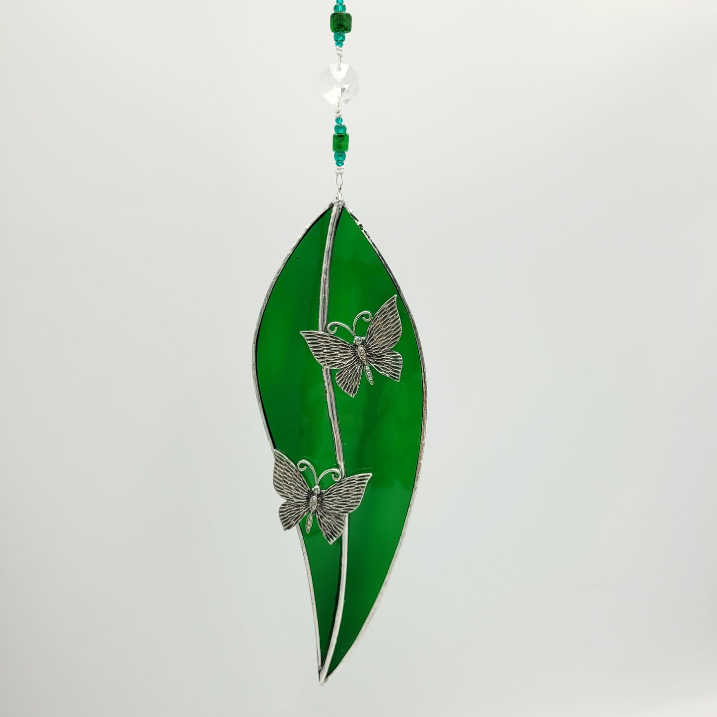 Hanging Stained Glass Large Leaf Dark green / Butterfly