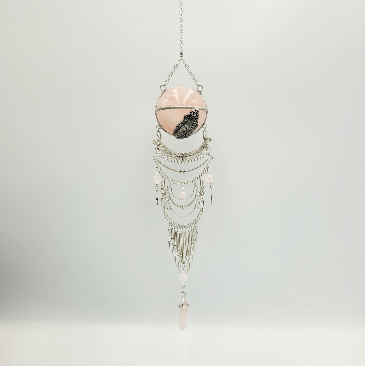 Rose Quartz Hanging Sphere /Feather