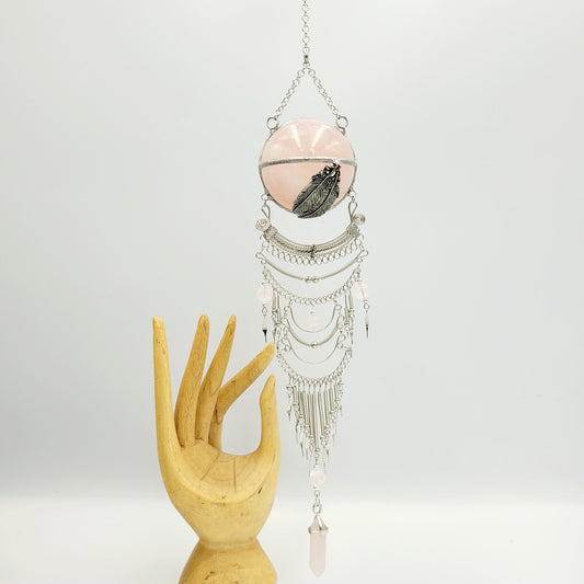 Rose Quartz Hanging Sphere /Feather