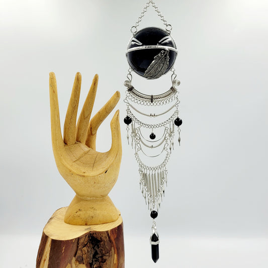 Obsidian Hanging Sphere/ Feather