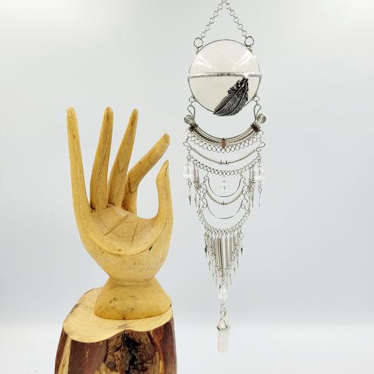 Clear Quartz Hanging Sphere/ Feather