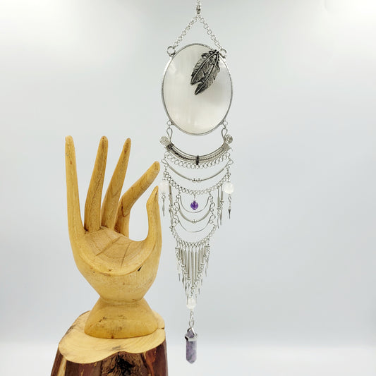 Selenite Hanging Oval/ Feather