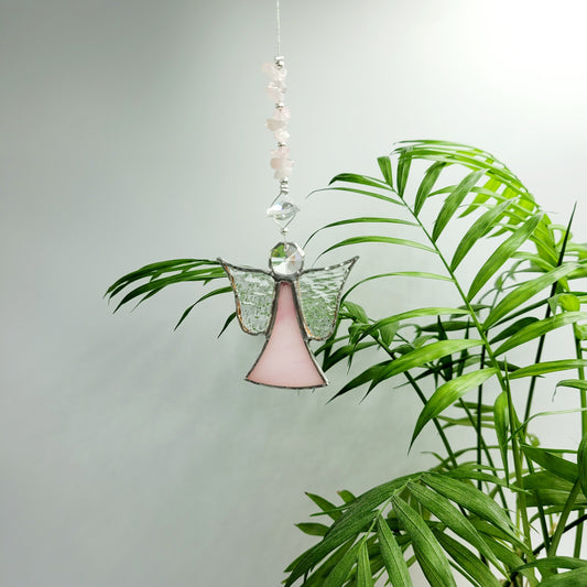 Hanging Angel Stained Glass Pink/ Rose Quartz