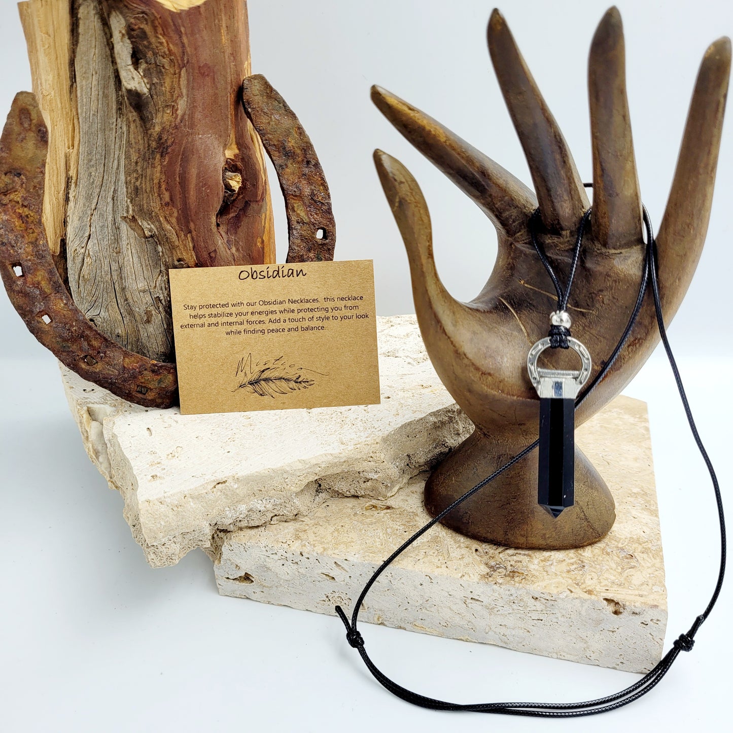 Obsidian Crystal Point Horseshoe Necklace