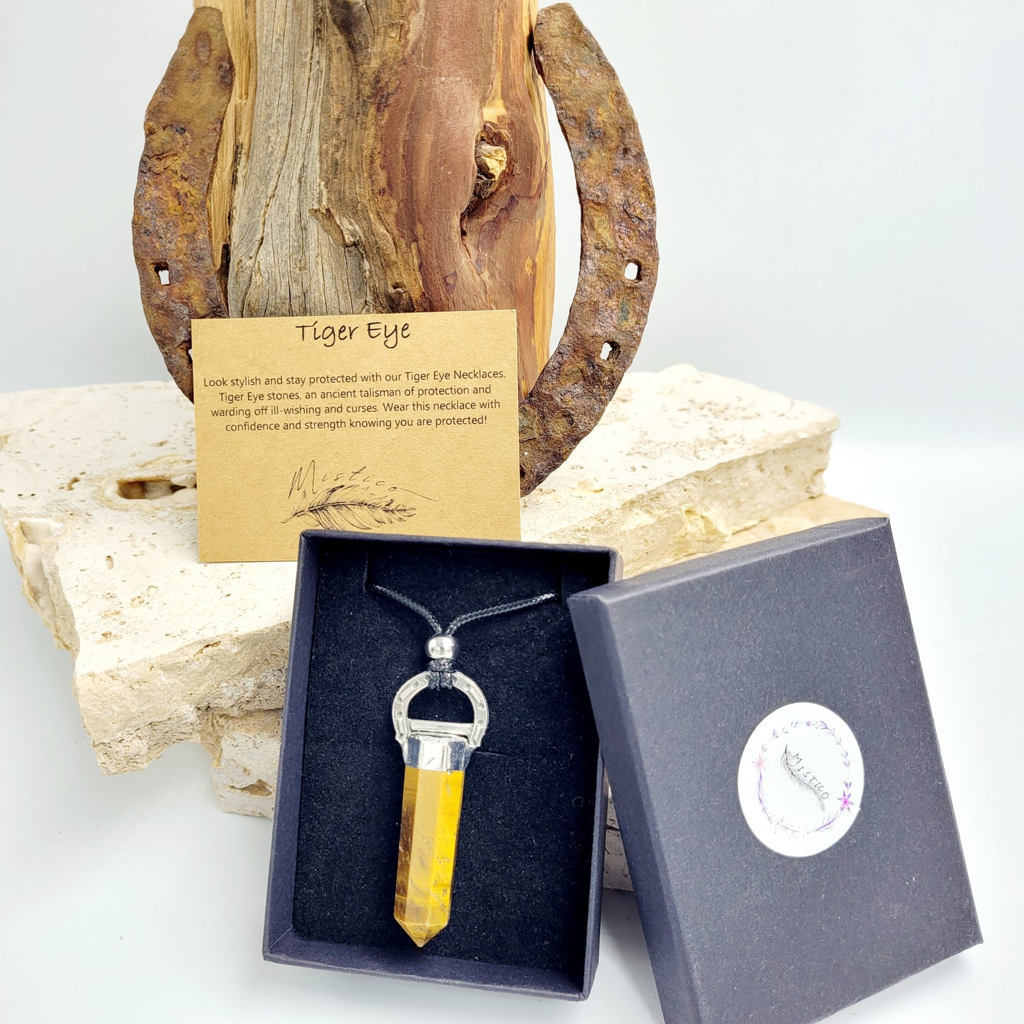 Tiger Eye Crystal Point Horseshoe Necklace