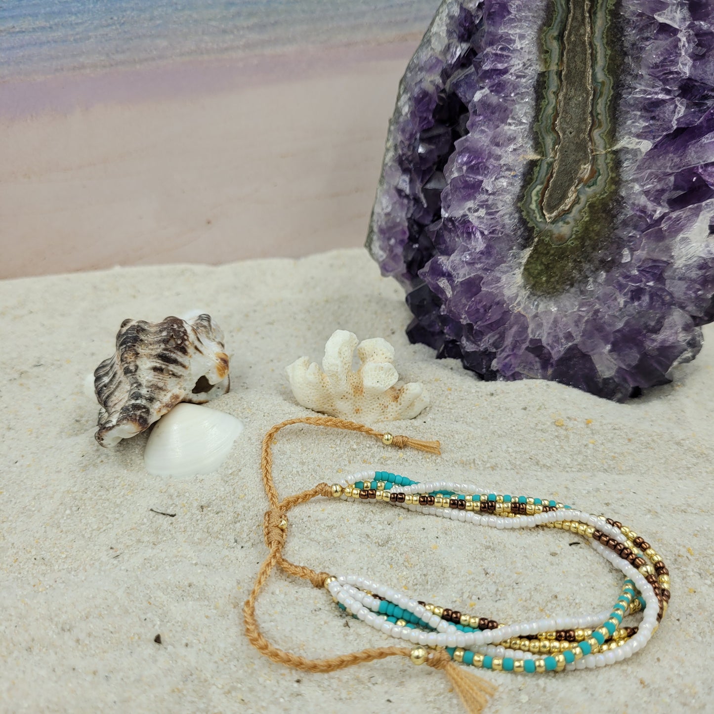 5 Beaded Bracelet with Adjustable String - Turquoise