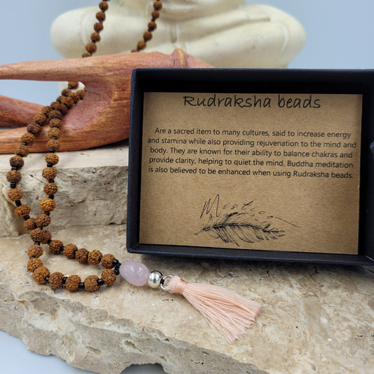 Rudraksha Beads / Rose Quartz Necklace