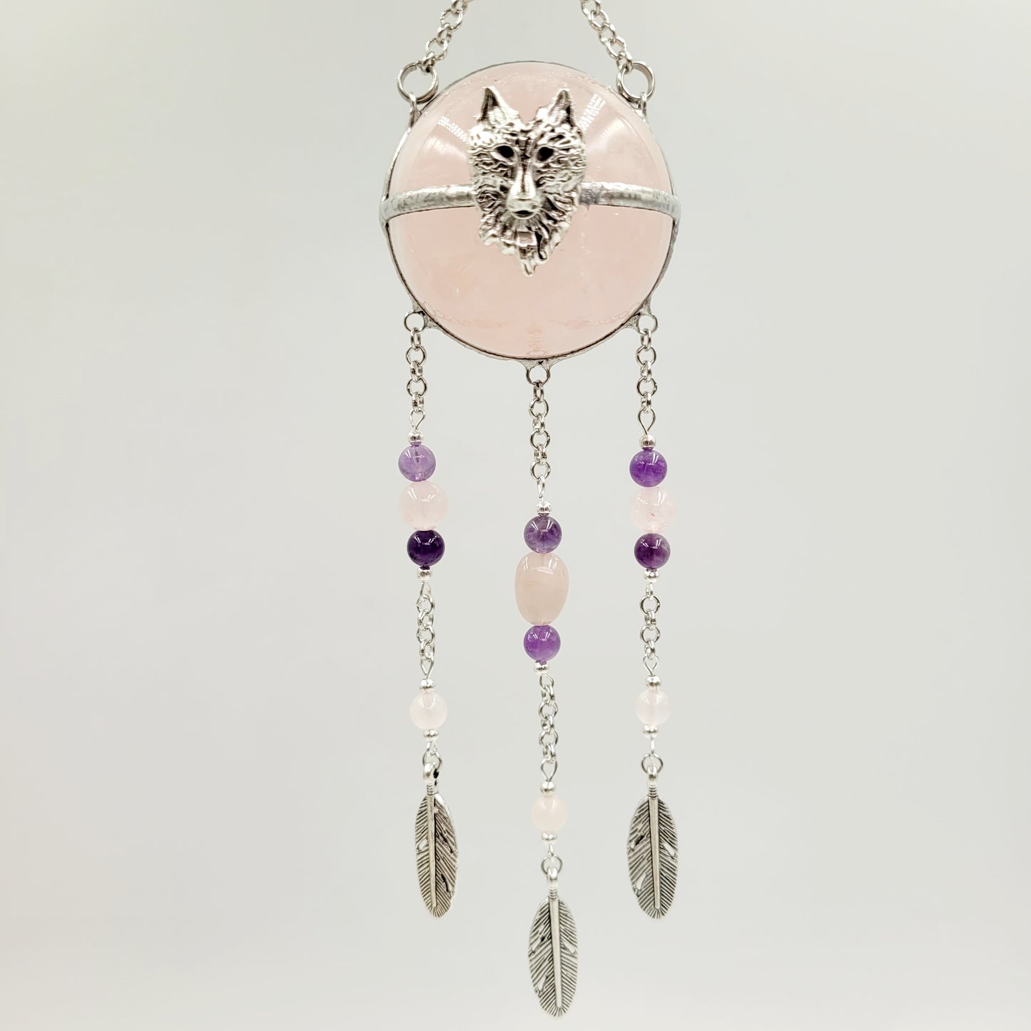 Rose Quartz Hanging Sphere Wolf