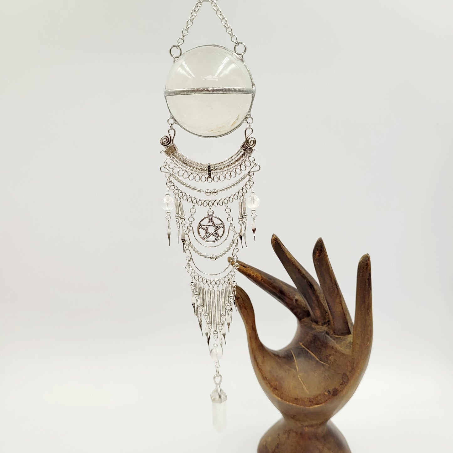 Clear Quartz Hanging Sphere / Pentagram