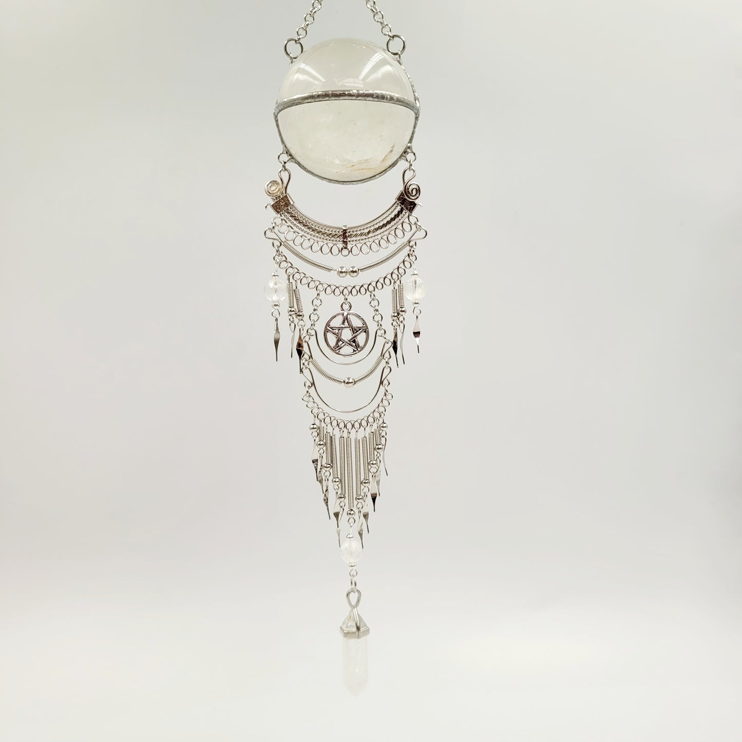 Clear Quartz Hanging Sphere / Pentagram