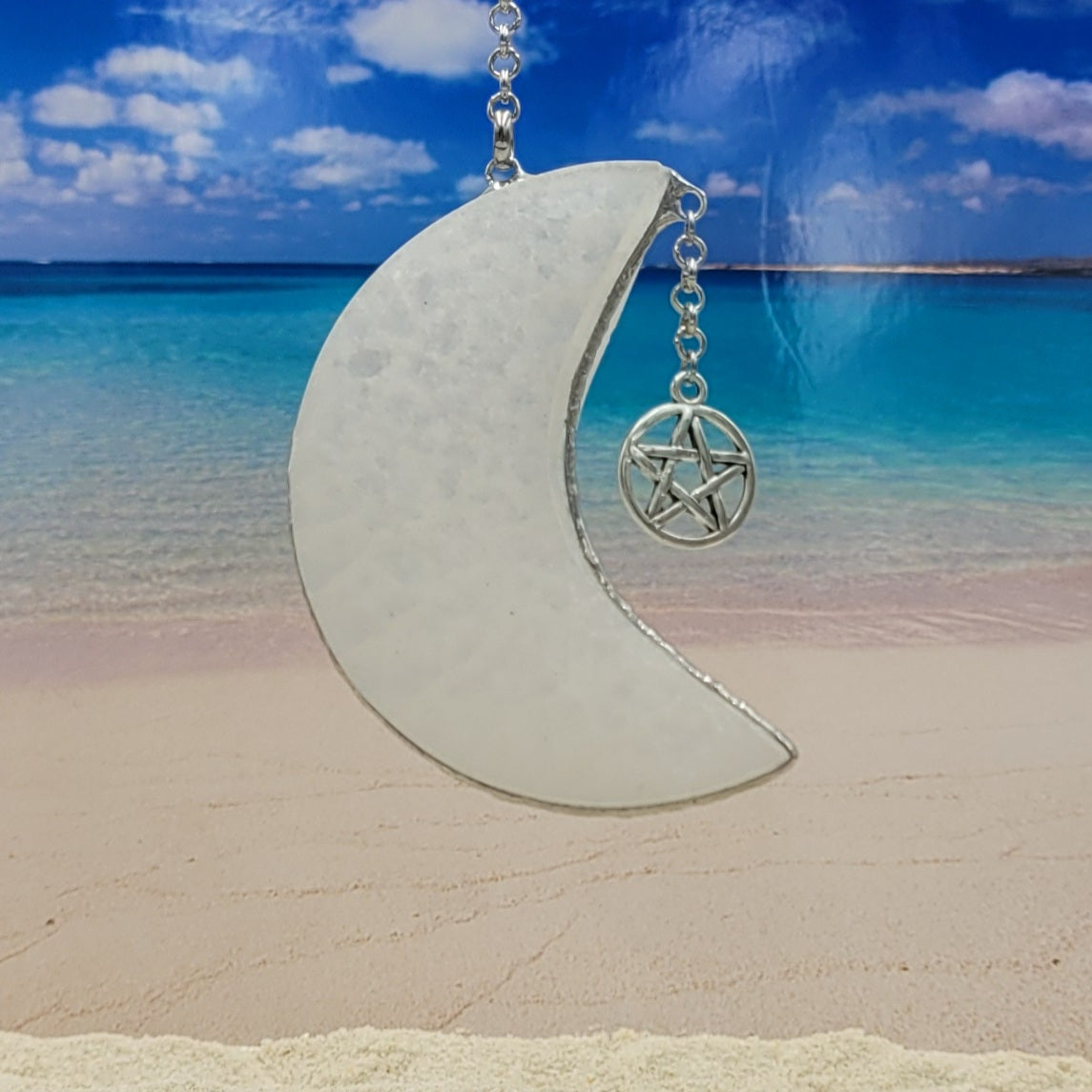 Hanging Selenite Moon with Pentagram Charm