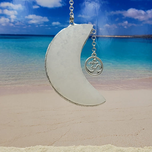 Hanging Selenite Moon with Om Charm