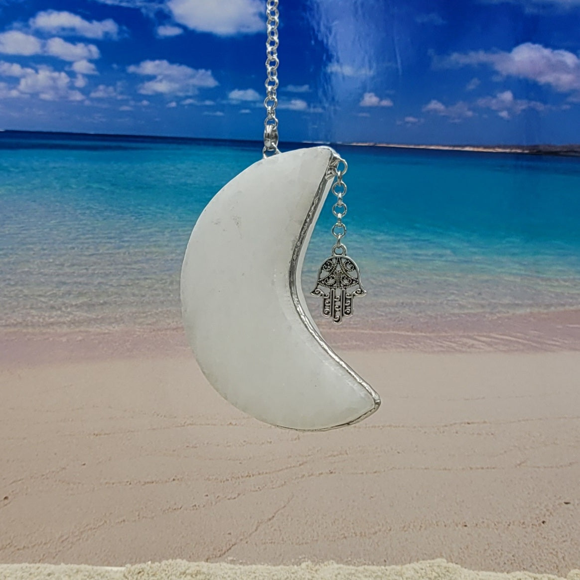 Hanging Selenite Moon with Hamsa Charm