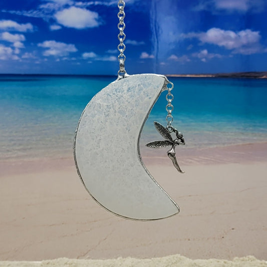Hanging Selenite Moon with Fairy Charm