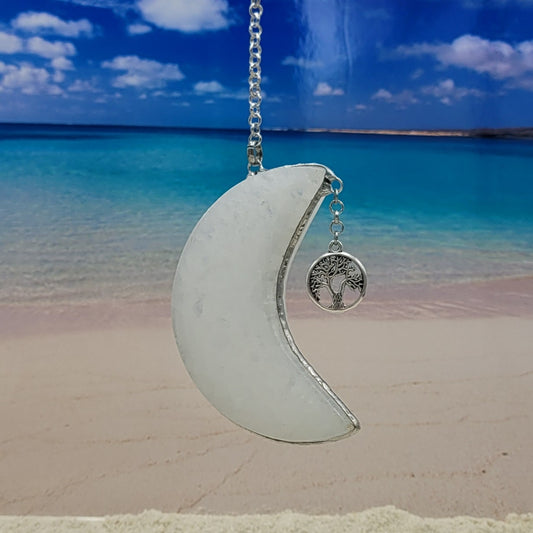 Hanging Selenite Moon with Tree of Life Charm