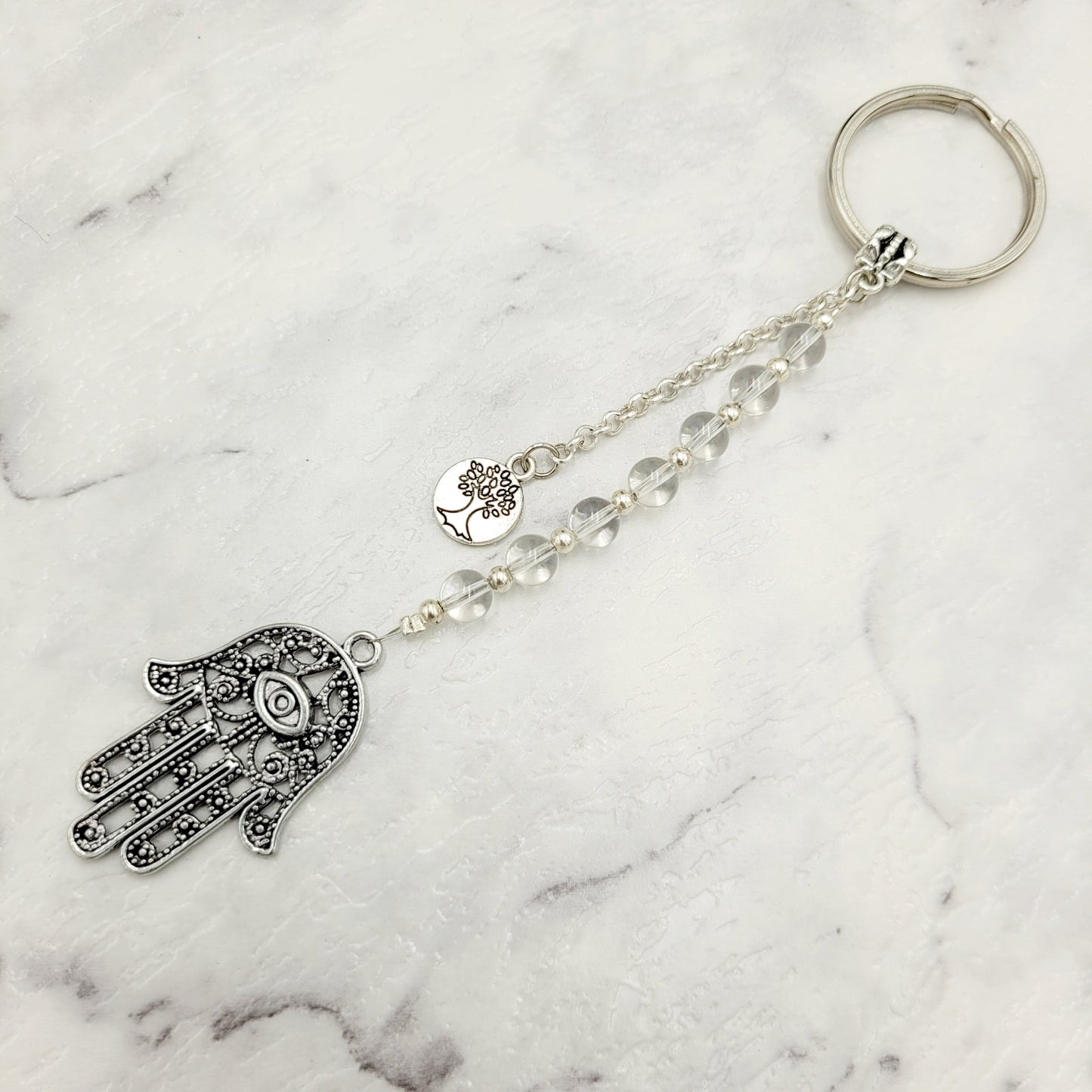 Clear Quartz Hamsa Crystal Charm Keyring