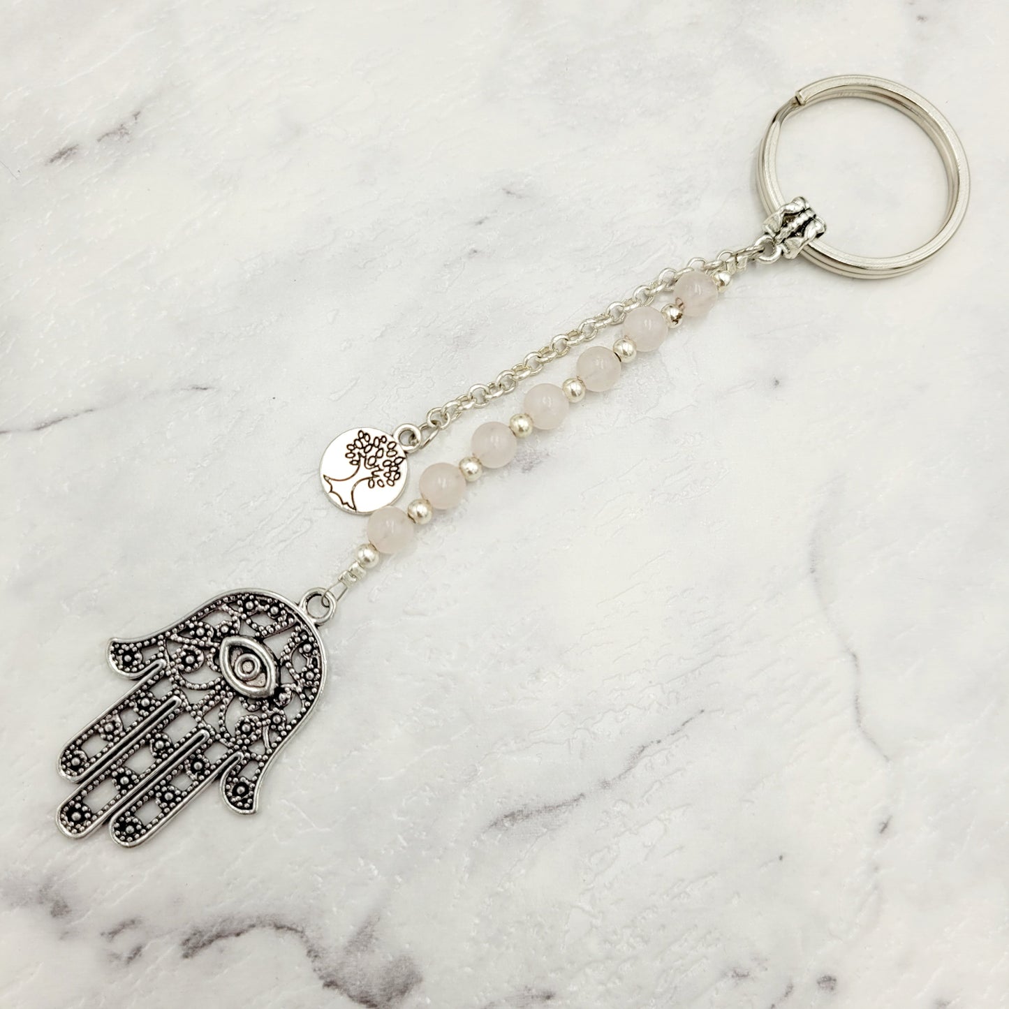 Rose Quartz Hamsa Crystal Charm Keyring