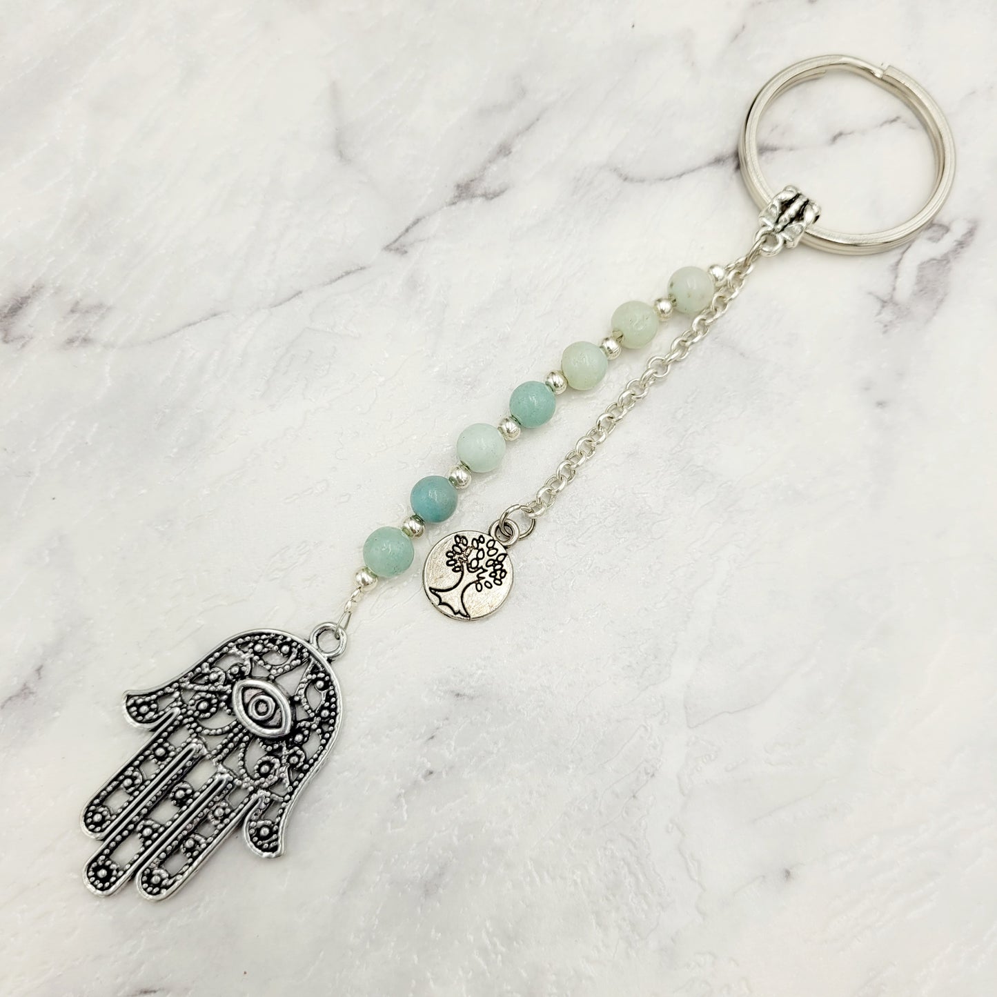 Aquamarine Hamsa Crystal Charm Keyring