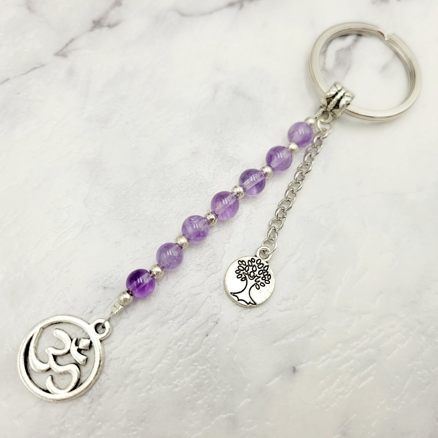 Amethyst Om Crystal Charm Keyring