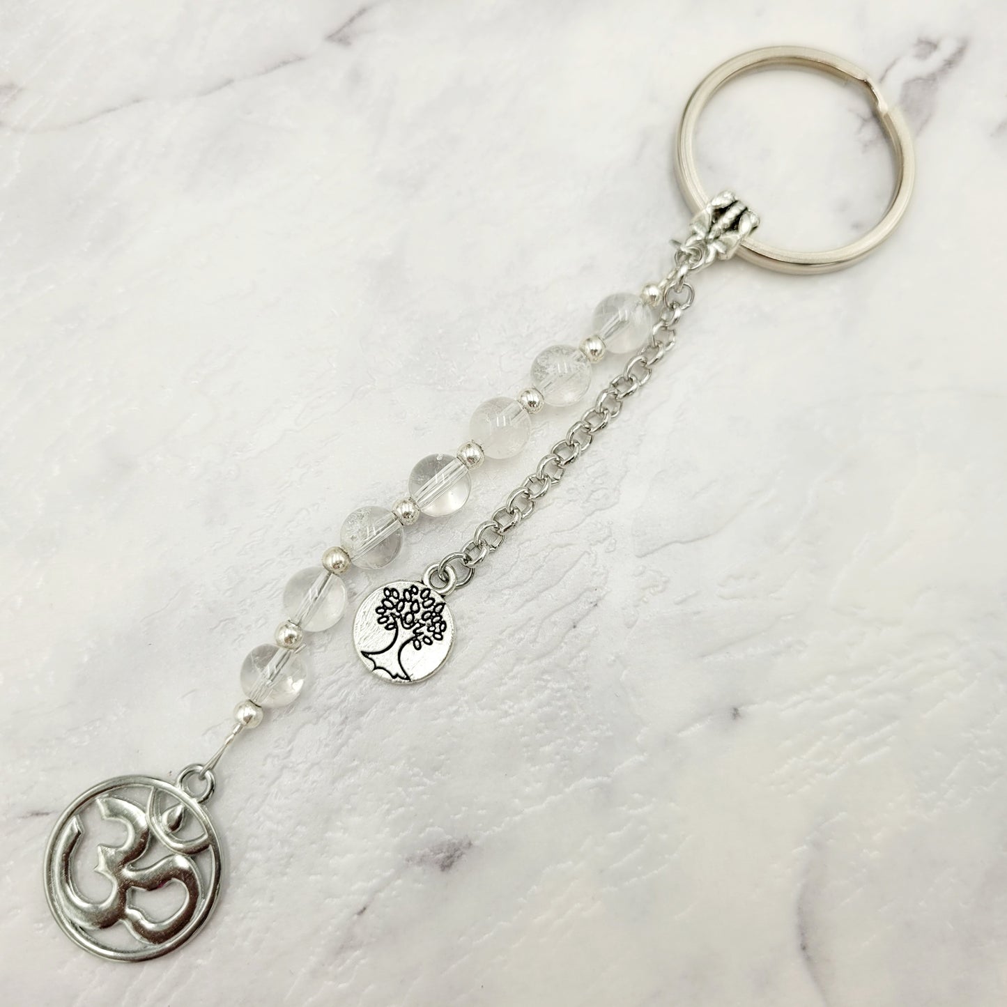 Clear Quartz Om Crystal Charm Keyring