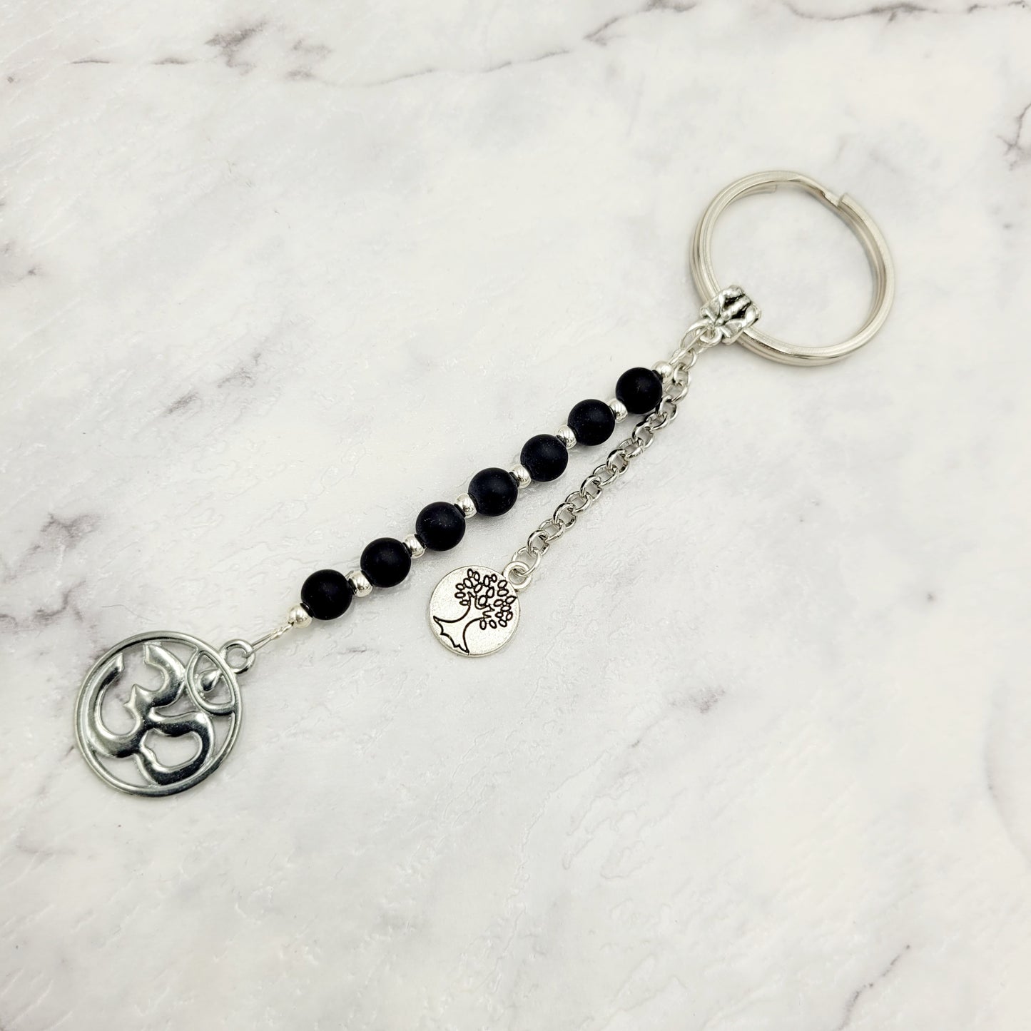 Obsidian Om Crystal Charm Keyring