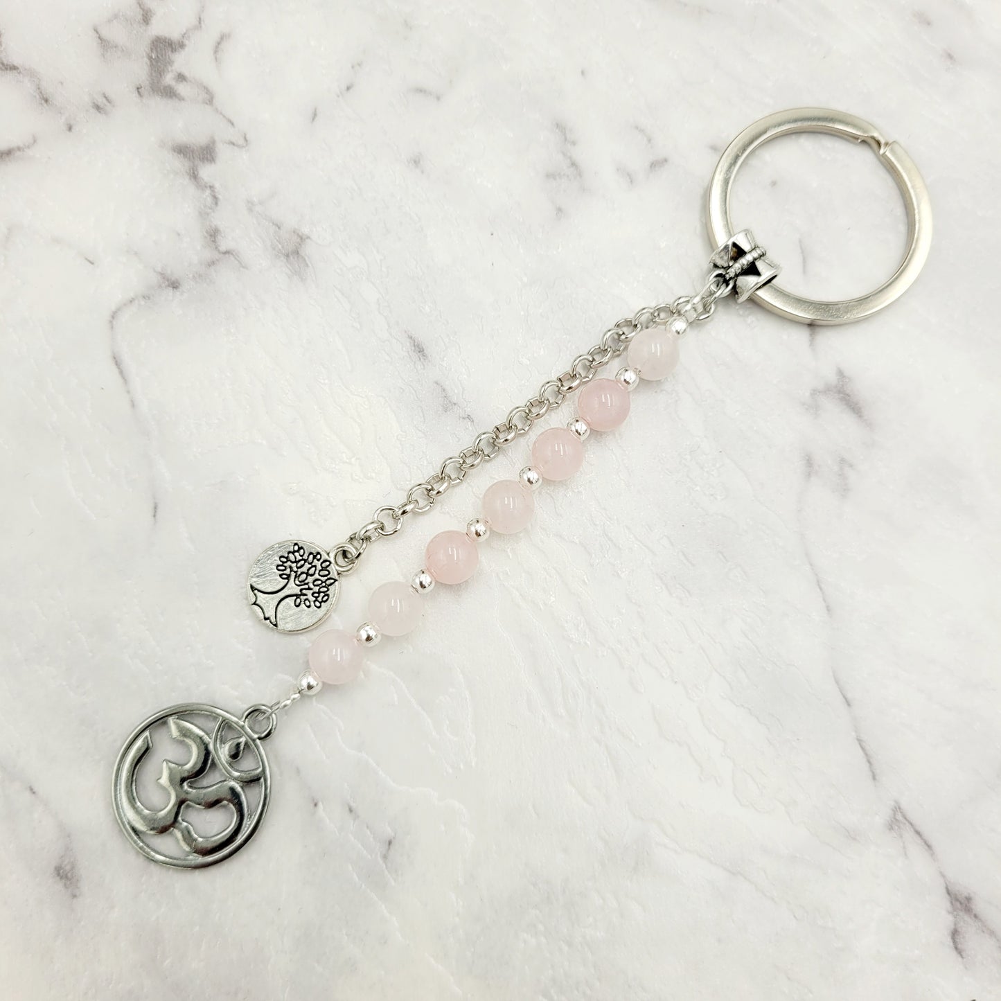 Rose Quartz Om Crystal Charm Keyring