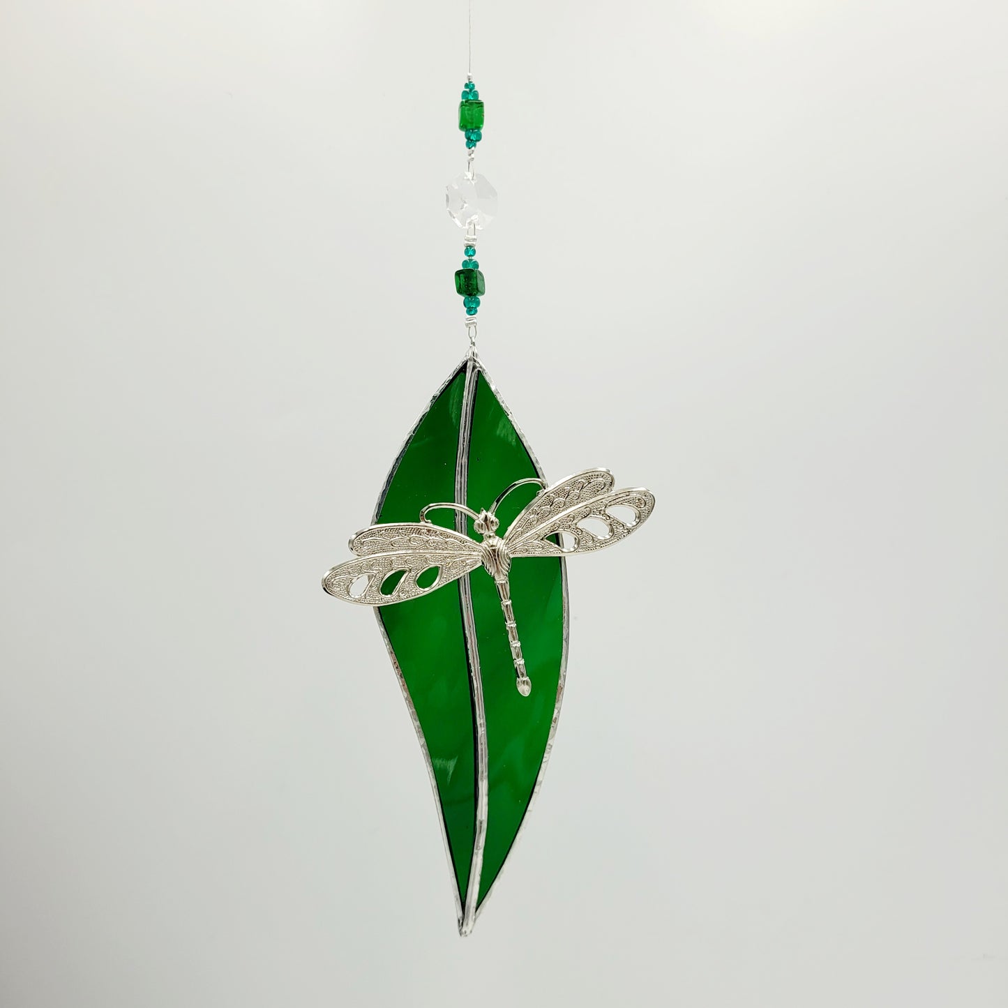 Hanging Stained Glass Small Leaf Dark Green/ Dragonfly