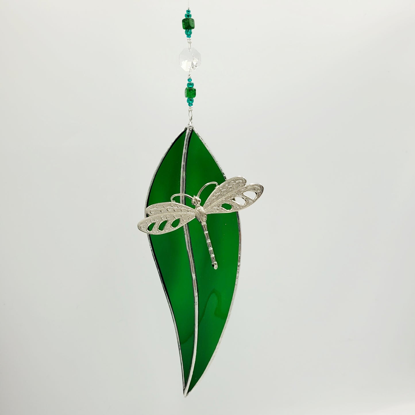 Hanging Stained Glass Large Leaf Dark Green / Dragonfly