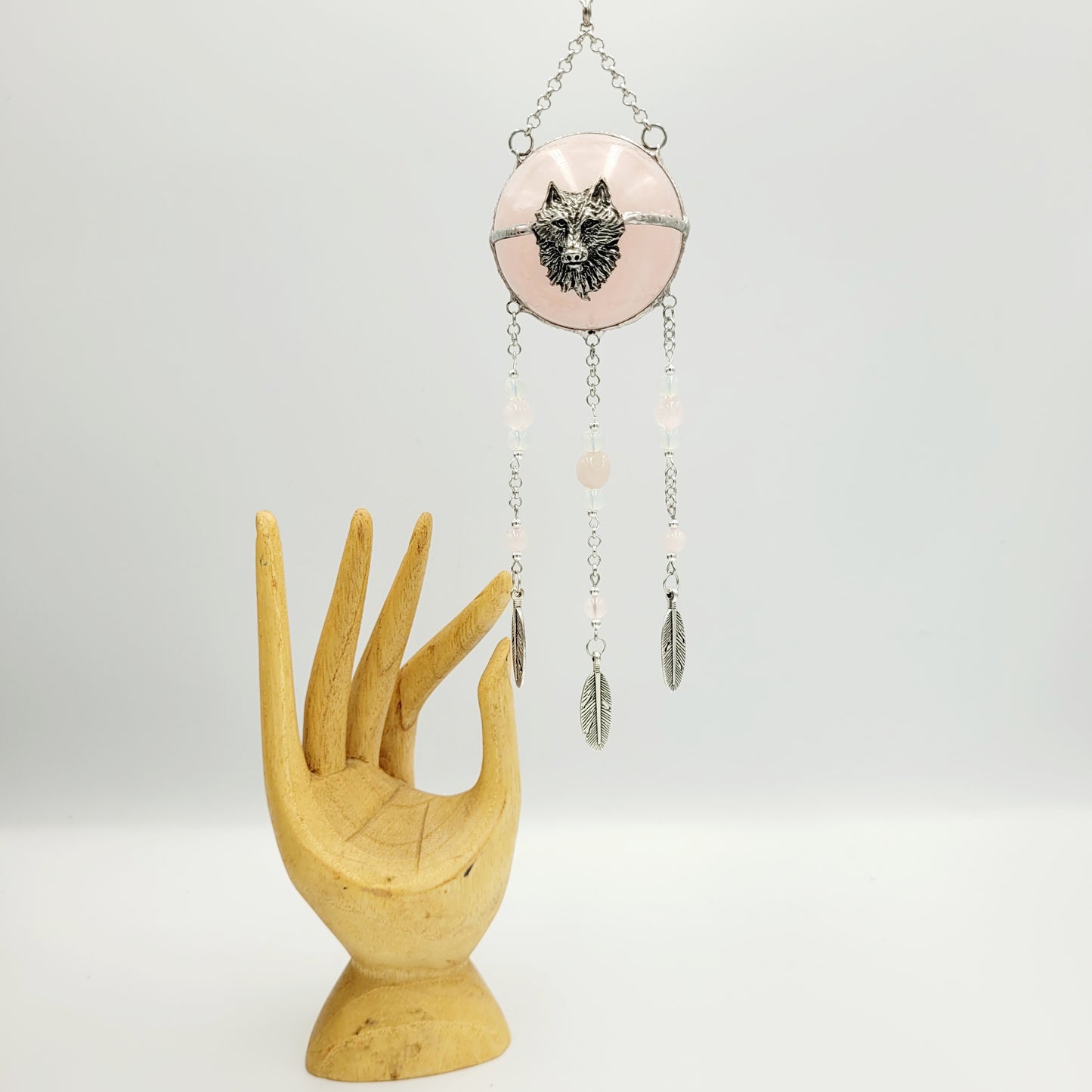 Rose Quartz Hanging Sphere Wolf