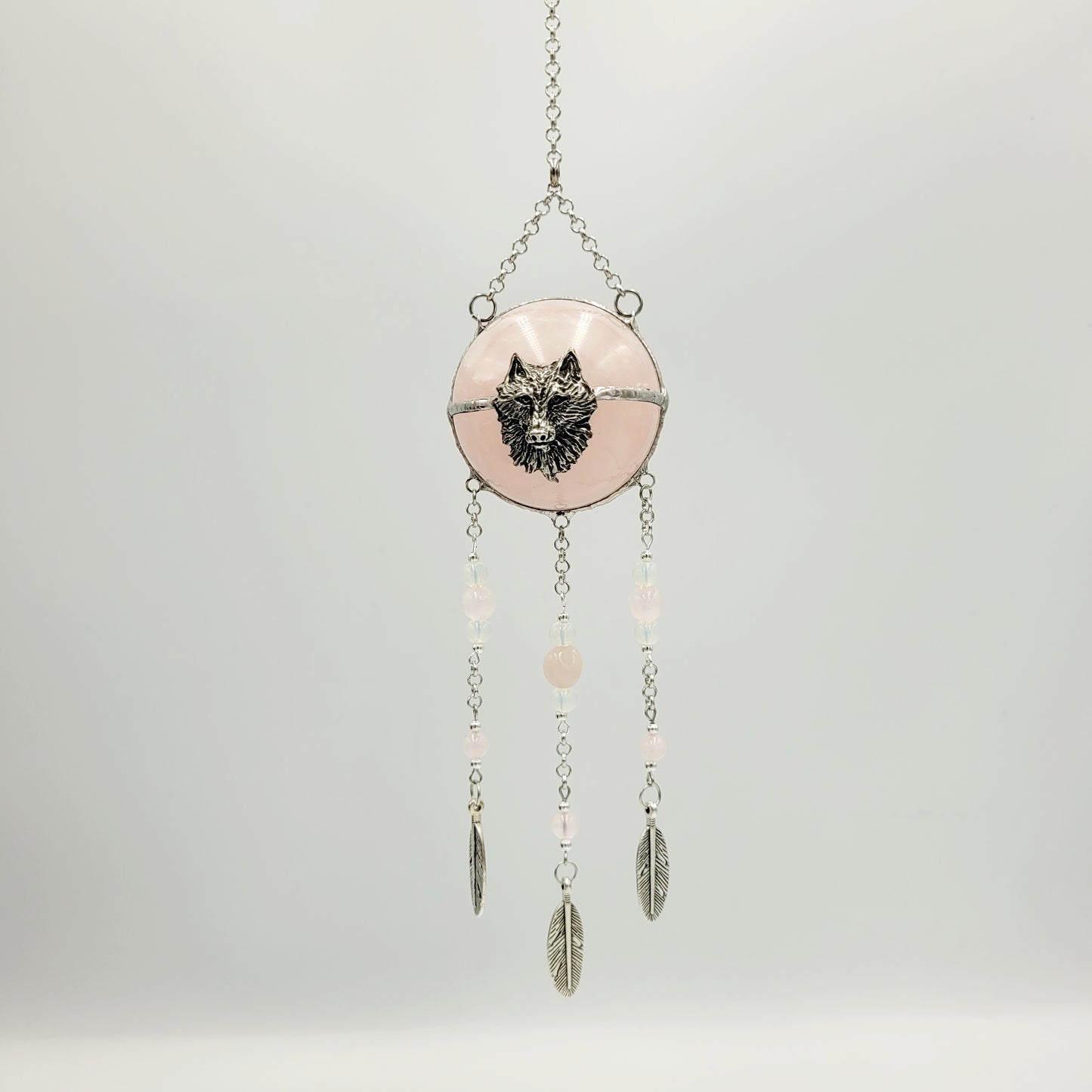 Rose Quartz Hanging Sphere Wolf