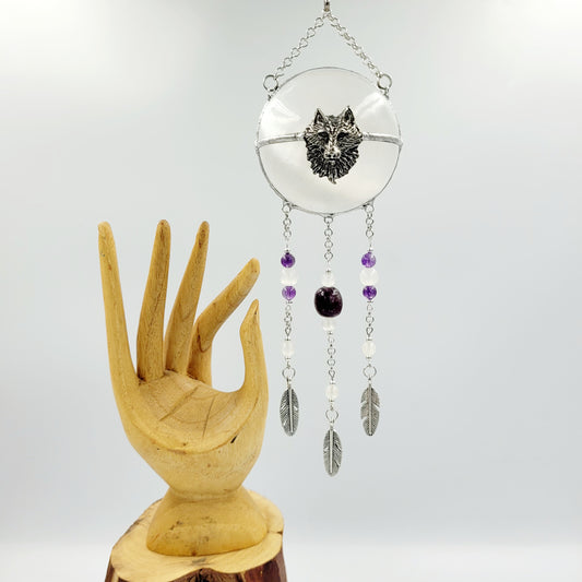 Selenite Hanging Sphere /Wolf
