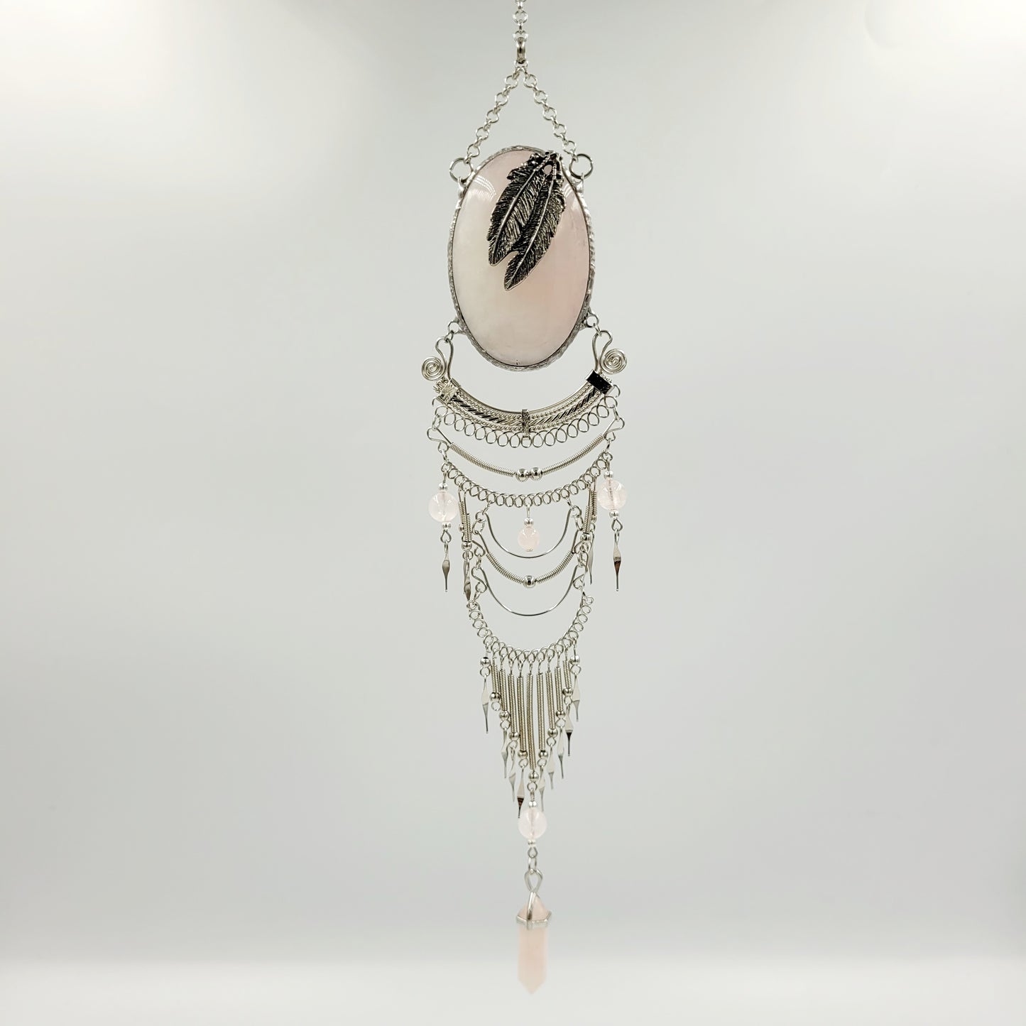 Rose Quartz Hanging Oval/ Feather