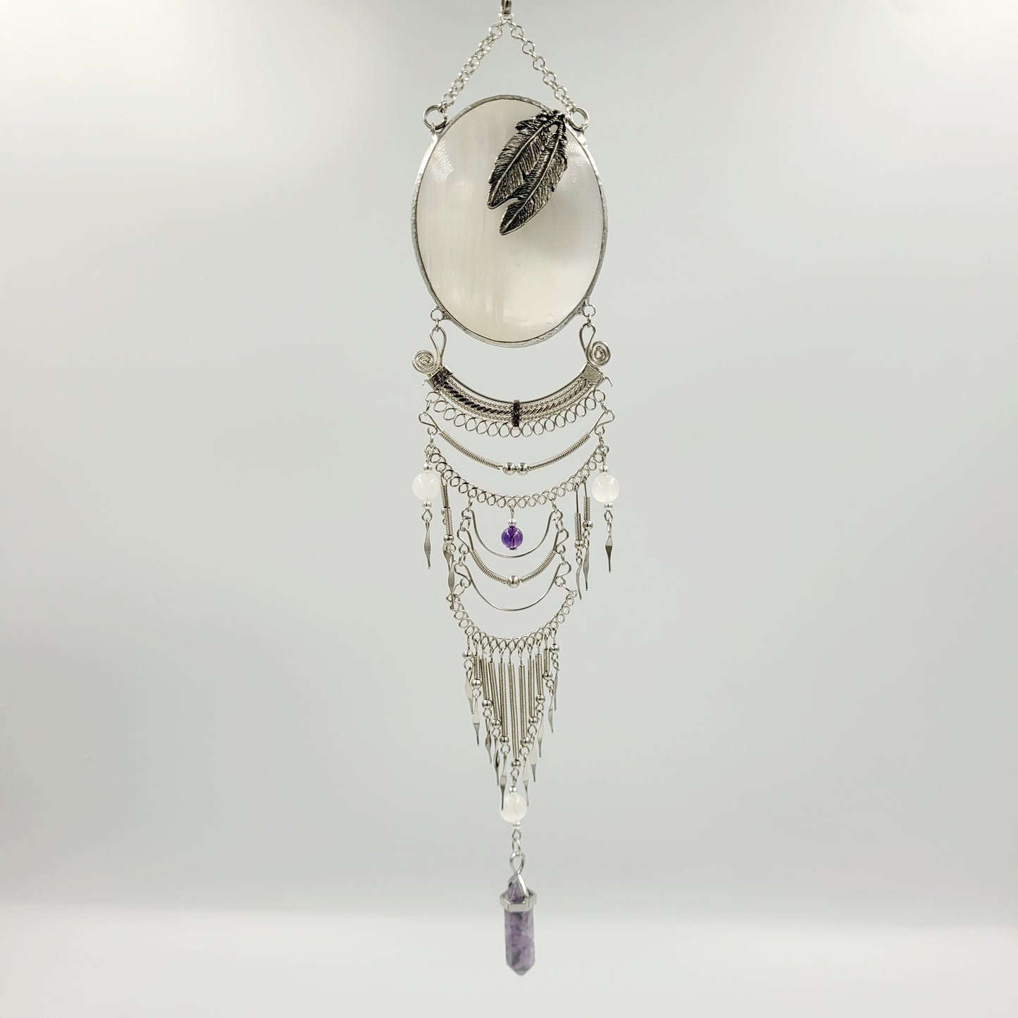 Selenite Hanging Oval/ Feather