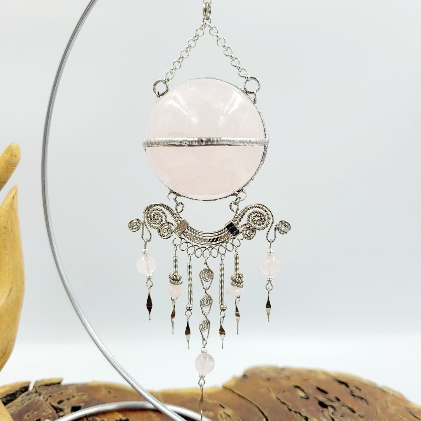 Rose Quartz Hanging Sphere with Stand