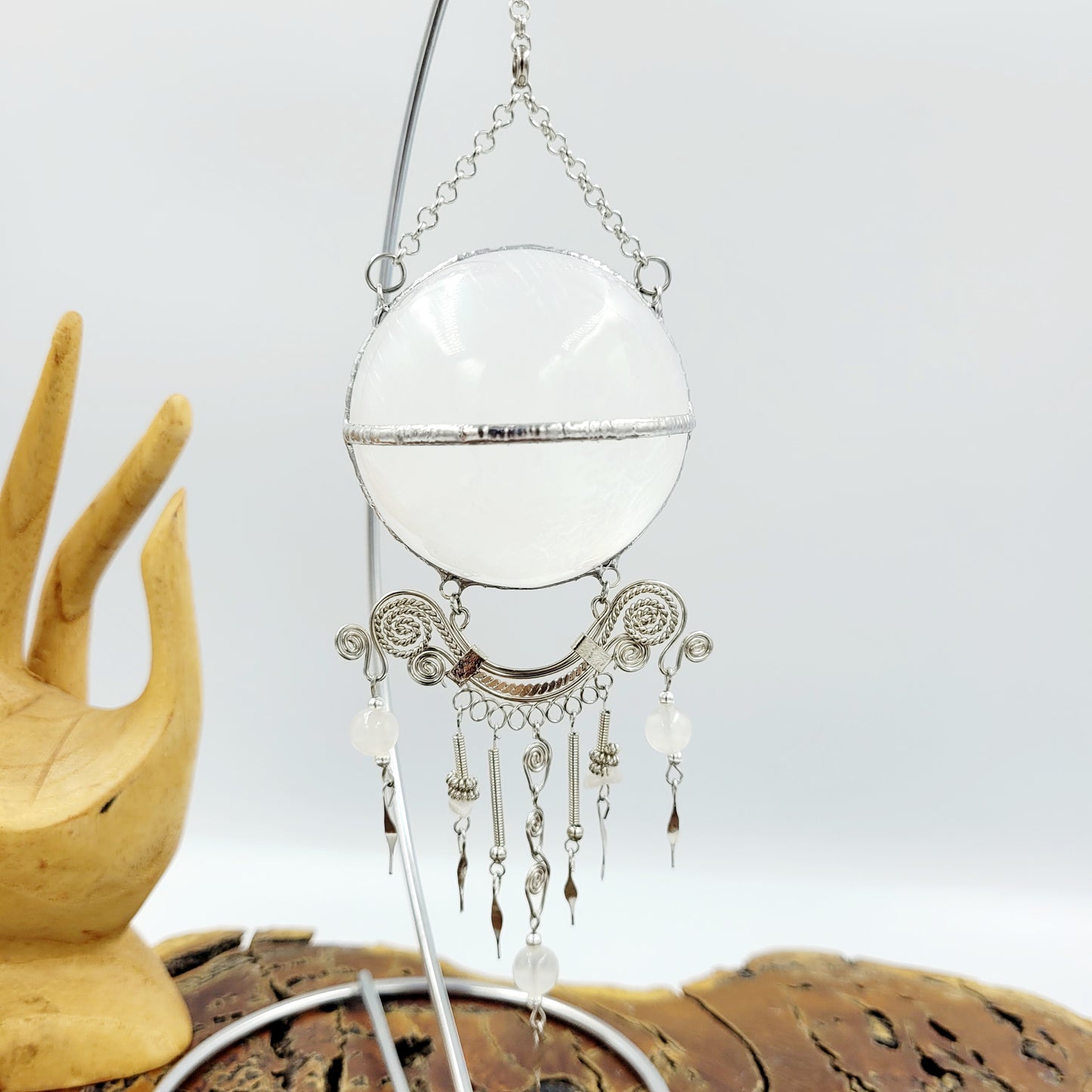 Selenite Hanging Sphere with Stand