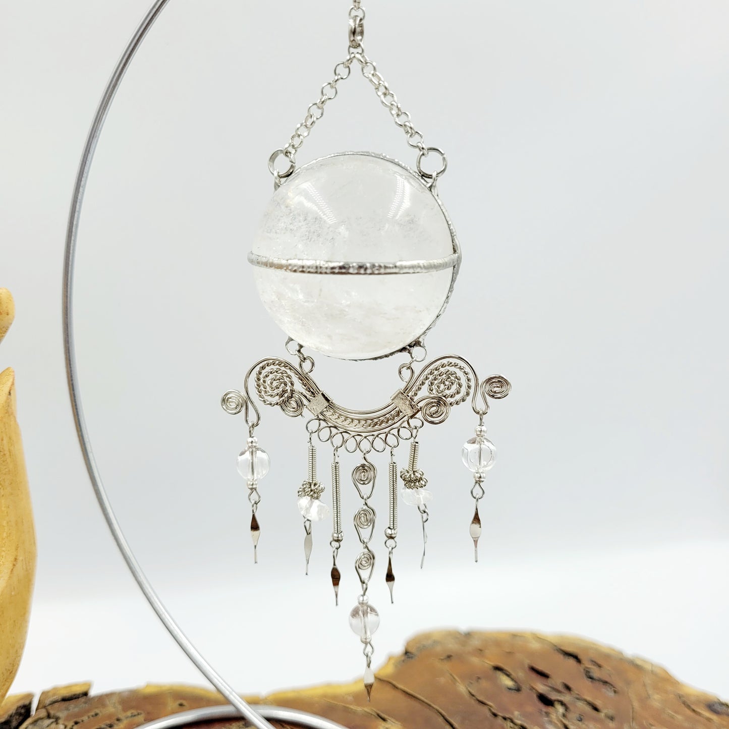 Clear Quartz Hanging Sphere with Stand