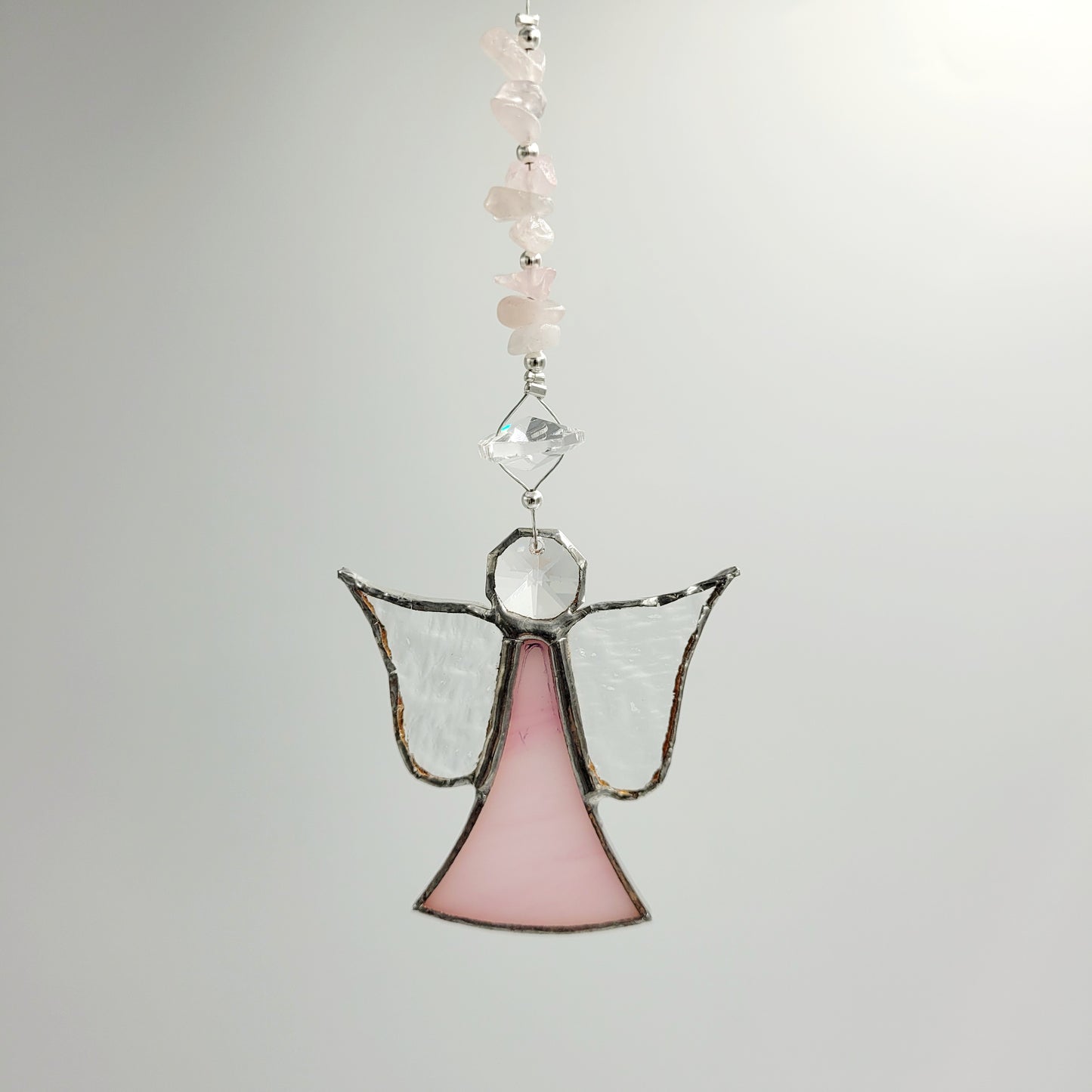 Hanging Angel Stained Glass Pink/ Rose Quartz