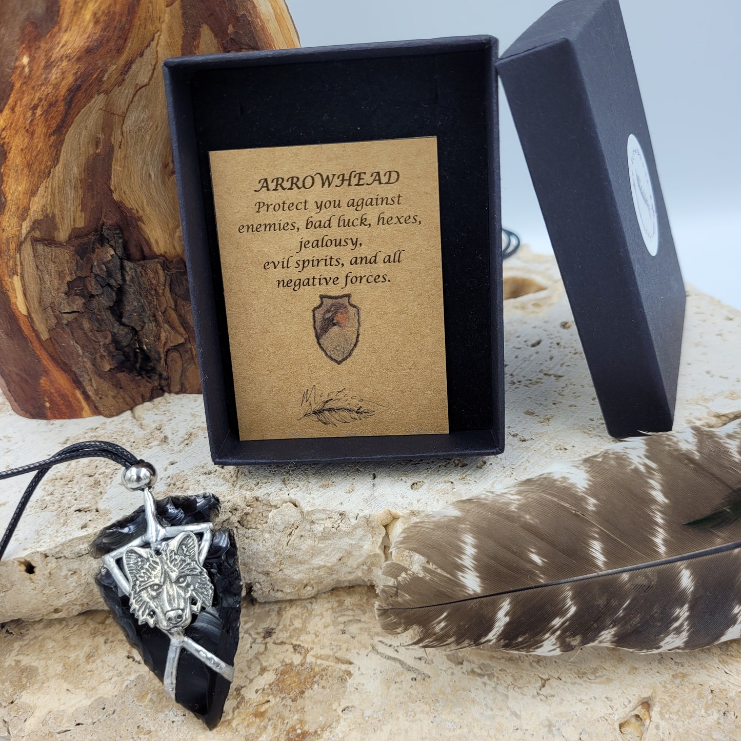 Obsidian Arrowhead Necklace - Wolf