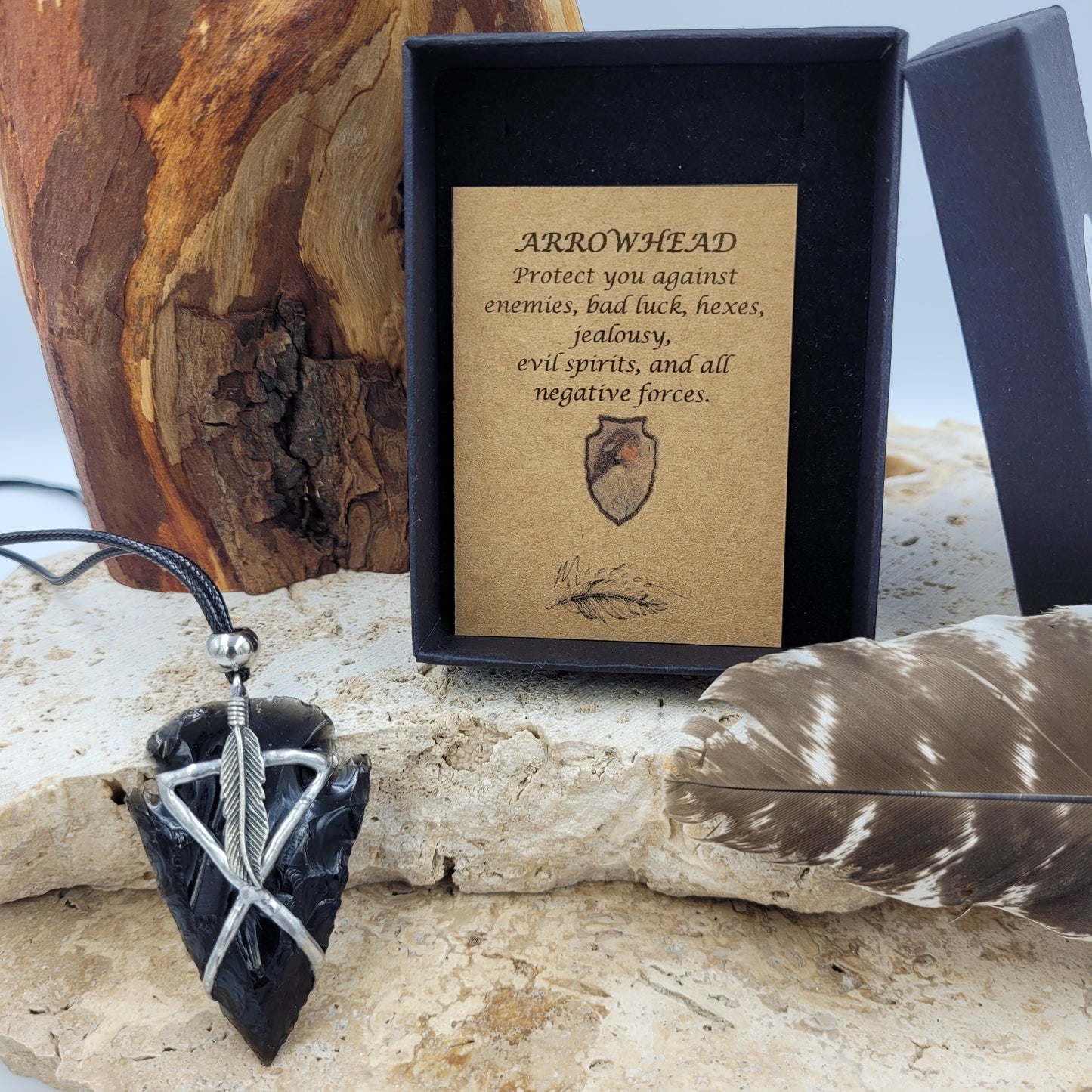 Obsidian Arrowhead Necklace - Feather