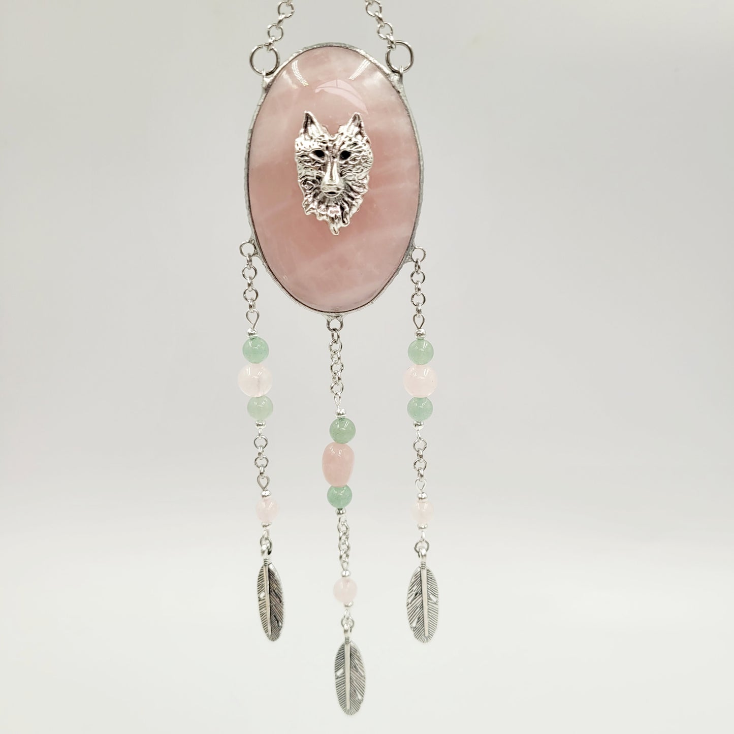 Rose Quartz Hanging Oval/ Wolf